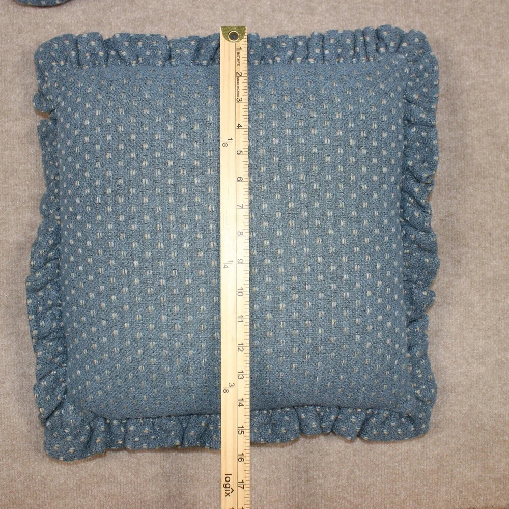 Set of 2 Blue Woven Ruffle Throw Pillows Textured Dotted Cottagecore 16x16